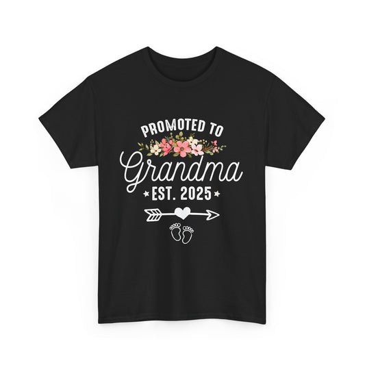 Black t-shirt with floral text design 'Promoted to Grandma Est. 2025' – perfect pregnancy announcement gift.