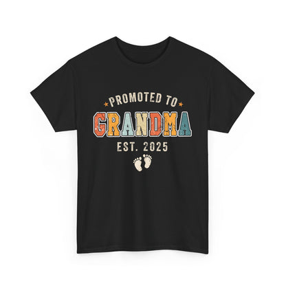Black t-shirt with retro vintage text design 'Promoted to Grandma Est. 2025' – perfect pregnancy announcement gift.


