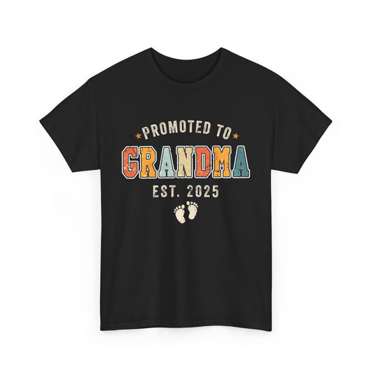 Black t-shirt with retro vintage text design 'Promoted to Grandma Est. 2025' – perfect pregnancy announcement gift.

