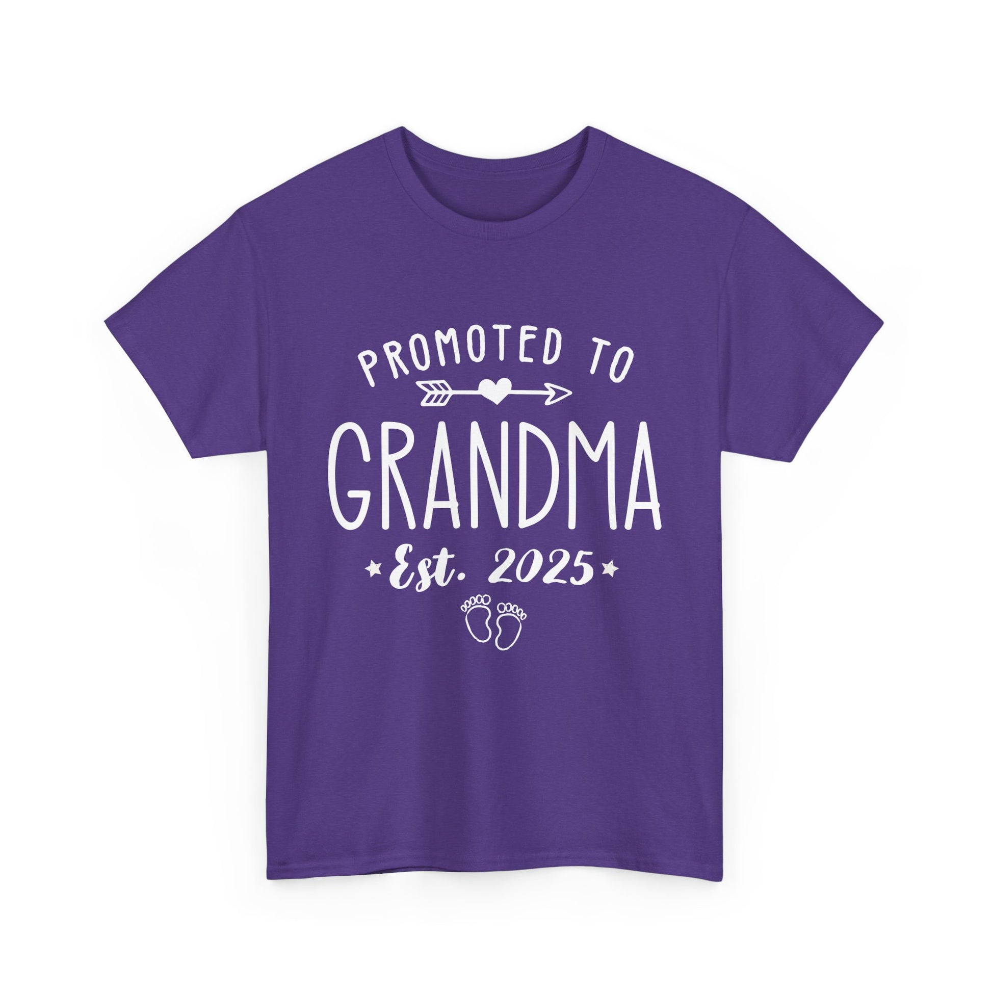purple ‘Promoted to Grandma 2025’ T‑shirt with baby footprints and wreath graphic, front view perfect for baby announcement.