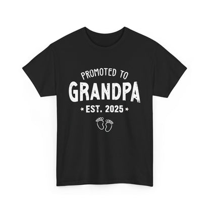 Black t-shirt with vintage text design 'Promoted to Grandpa Est. 2025' – perfect pregnancy announcement gift.