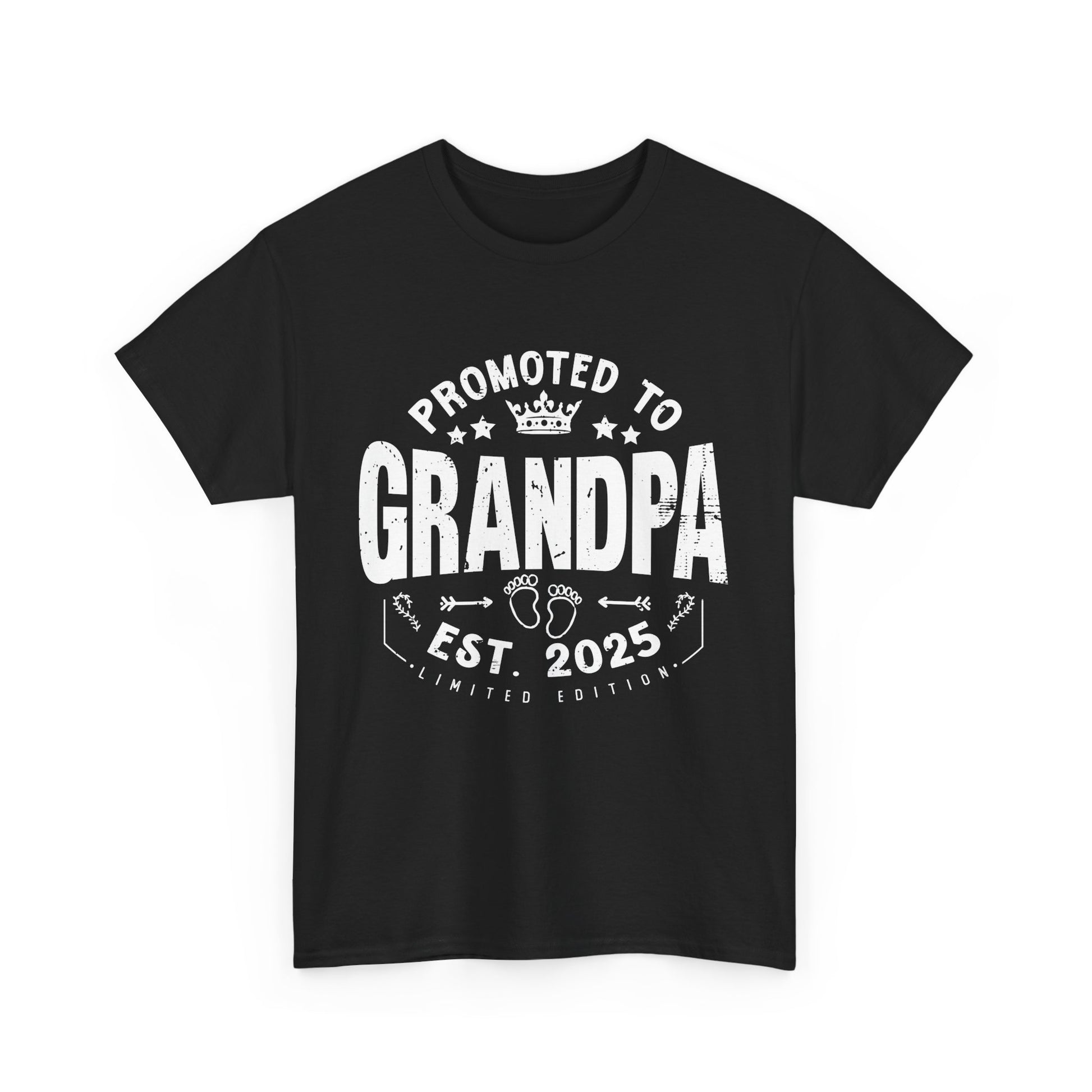 Black t-shirt with 'Promoted to Grandpa Est. 2025' text on a white background