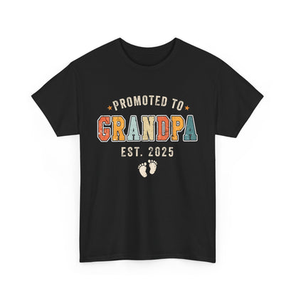 Black t-shirt with retro vintage text design 'Promoted to Grandpa Est. 2025' – perfect pregnancy announcement gift.