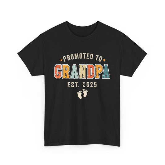 Black t-shirt with retro vintage text design 'Promoted to Grandpa Est. 2025' – perfect pregnancy announcement gift.