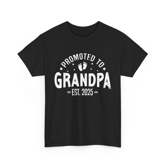 Black t-shirt with vintage text design 'Promoted to Grandpa Est. 2025' – perfect pregnancy announcement gift.