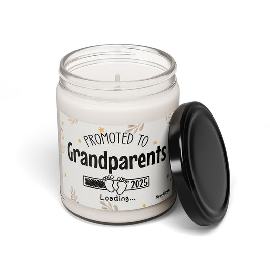 Scented candle with 'Promoted to Grandparents 2025 Loading' text – unique pregnancy reveal gift idea for future grandparents