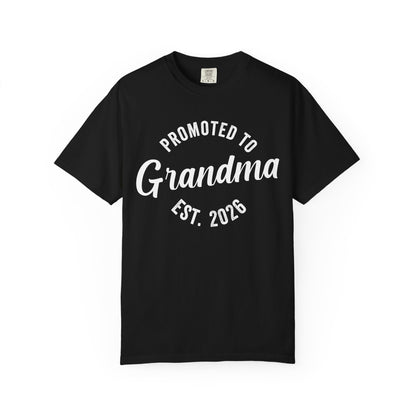 Black t-shirt with 'Promoted to Grandma Est. 2026' text on a white background