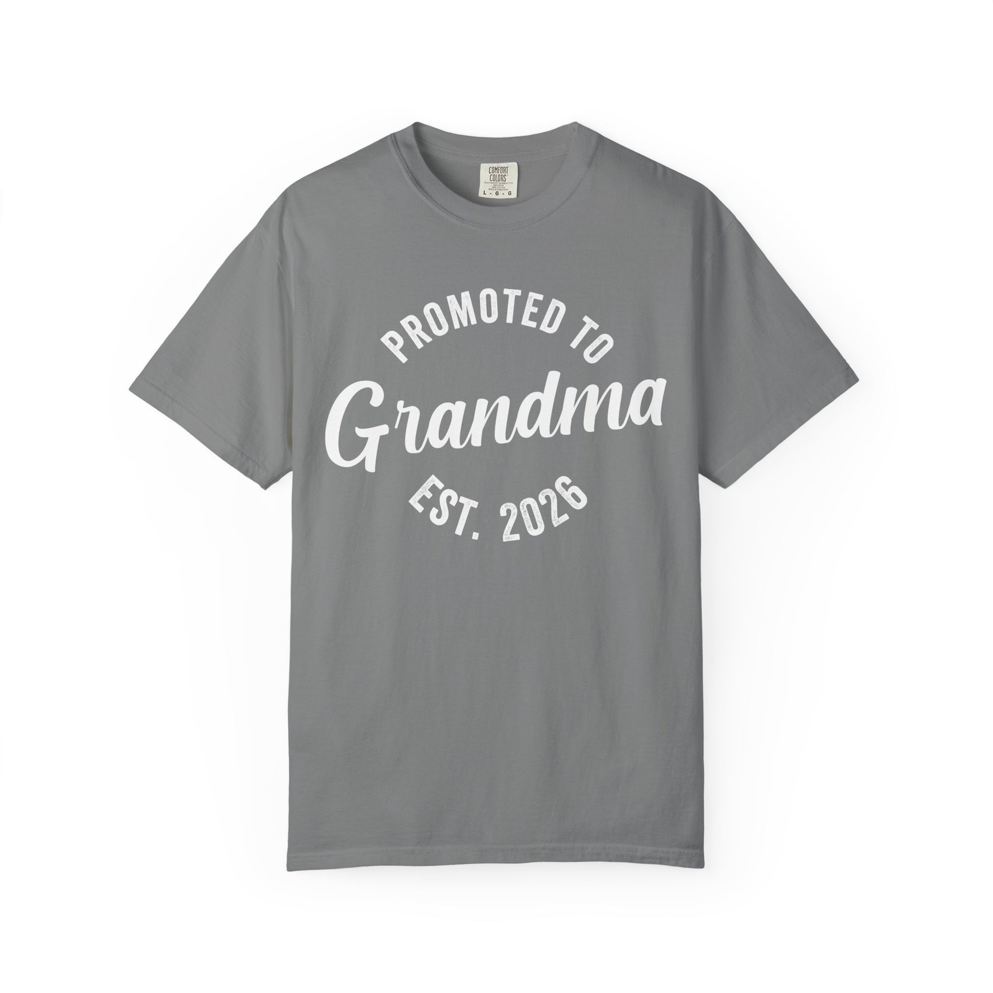 Gray t-shirt with 'Promoted to Grandma Est. 2026' text on a white background