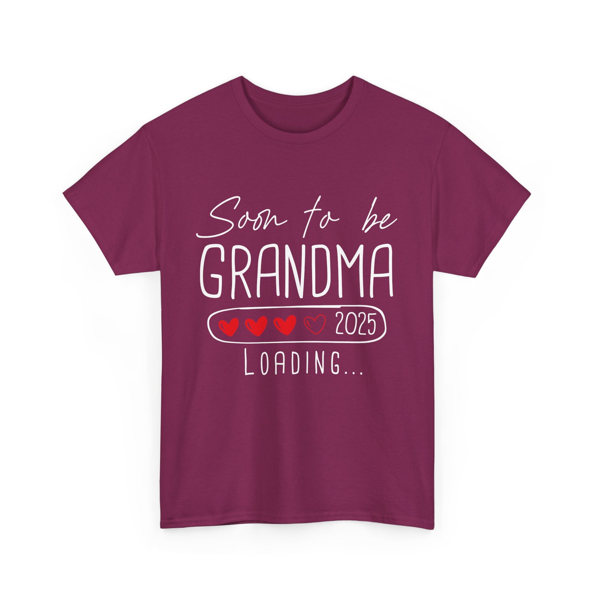 burgundy ‘Soon to Be Grandma 2025 Loading’ T‑shirt with elegant lettering and heart accent, perfect pregnancy reveal gift for grandma.

