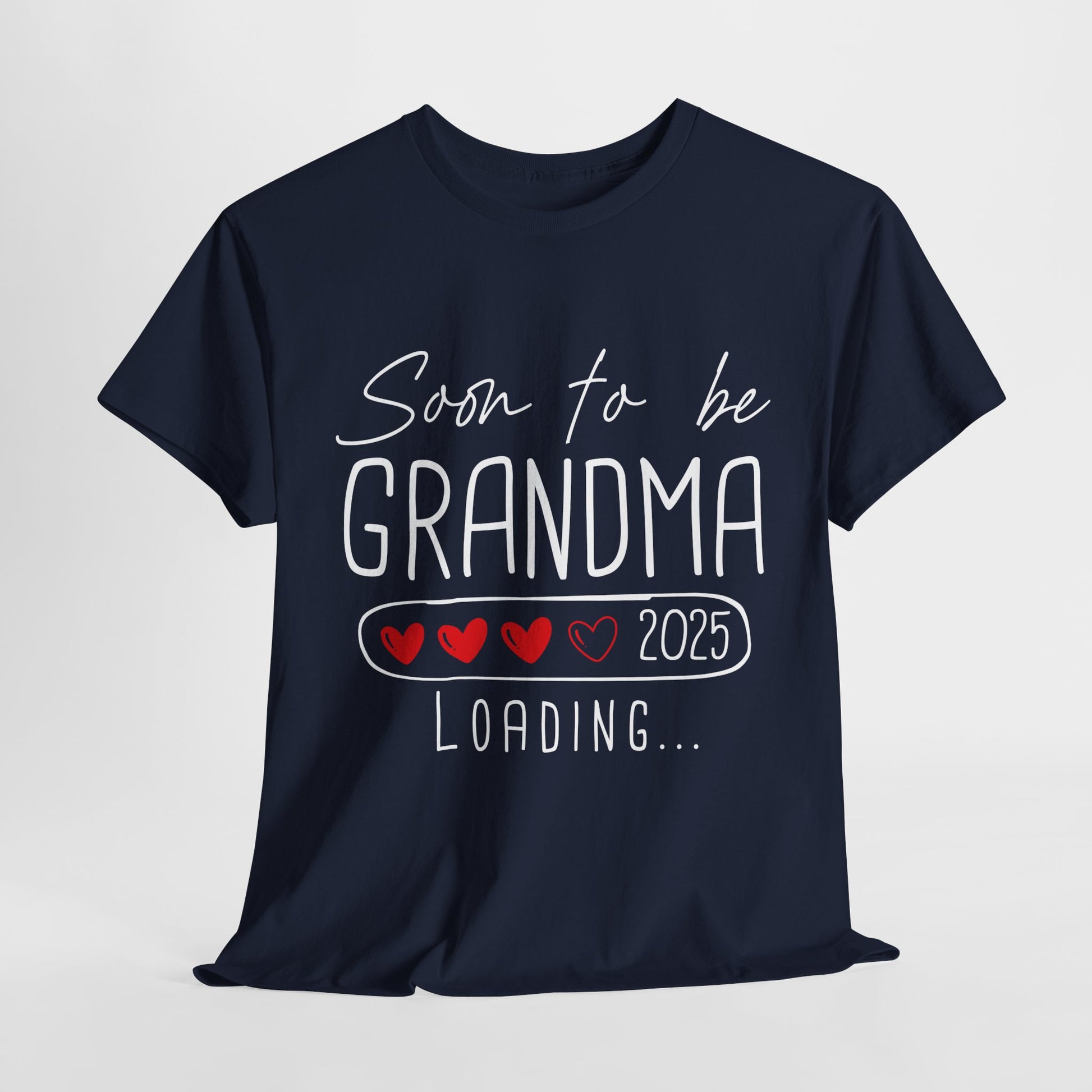 navy blue ‘Soon to Be Grandma 2025’ T‑shirt with elegant lettering and heart accent, perfect pregnancy reveal gift for grandma.