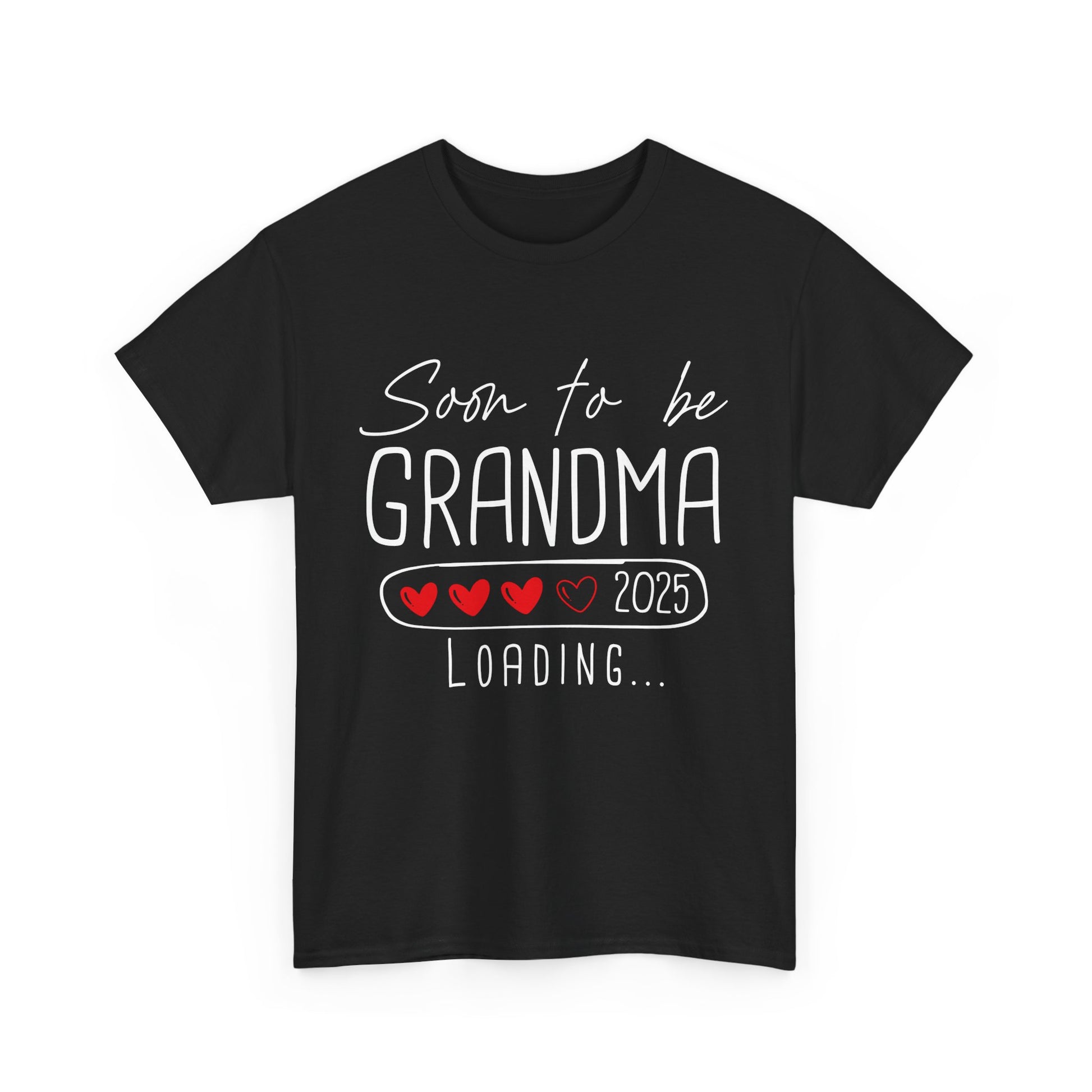 Black ‘Soon to Be Grandma 2025 Loading’ T‑shirt with elegant lettering and heart accent, perfect pregnancy reveal gift for grandma.
