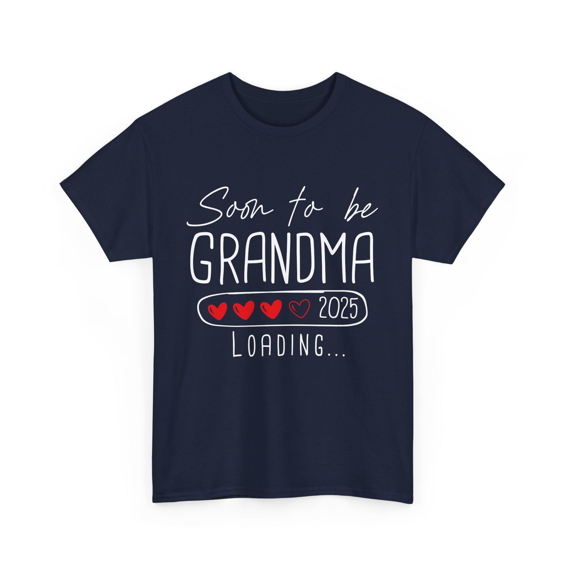 navy blue ‘Soon to Be Grandma 2025’ T‑shirt with elegant lettering and heart accent, perfect pregnancy reveal gift for grandma.