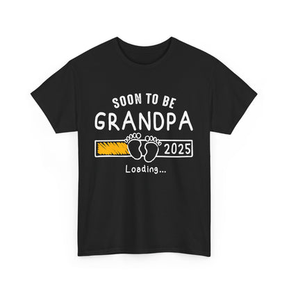 Black 'Soon to Be Grandpa 2025 Loading' T‑shirt, front view with progress bar graphic, perfect pregnancy announcement gift.
