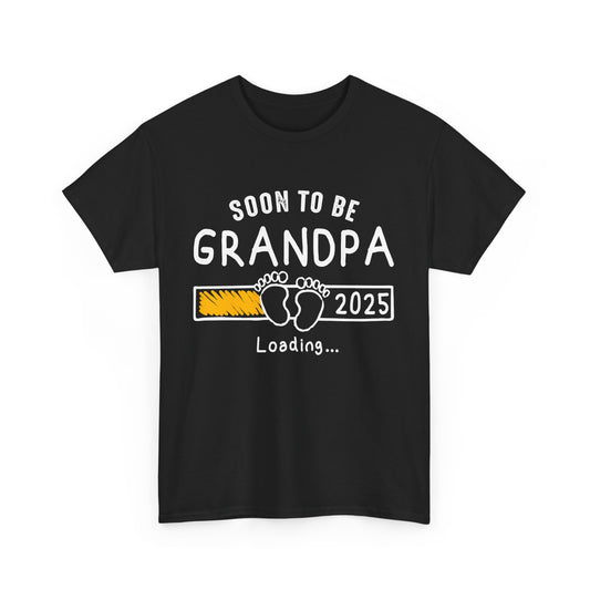 Black 'Soon to Be Grandpa 2025 Loading' T‑shirt, front view with progress bar graphic, perfect pregnancy announcement gift.