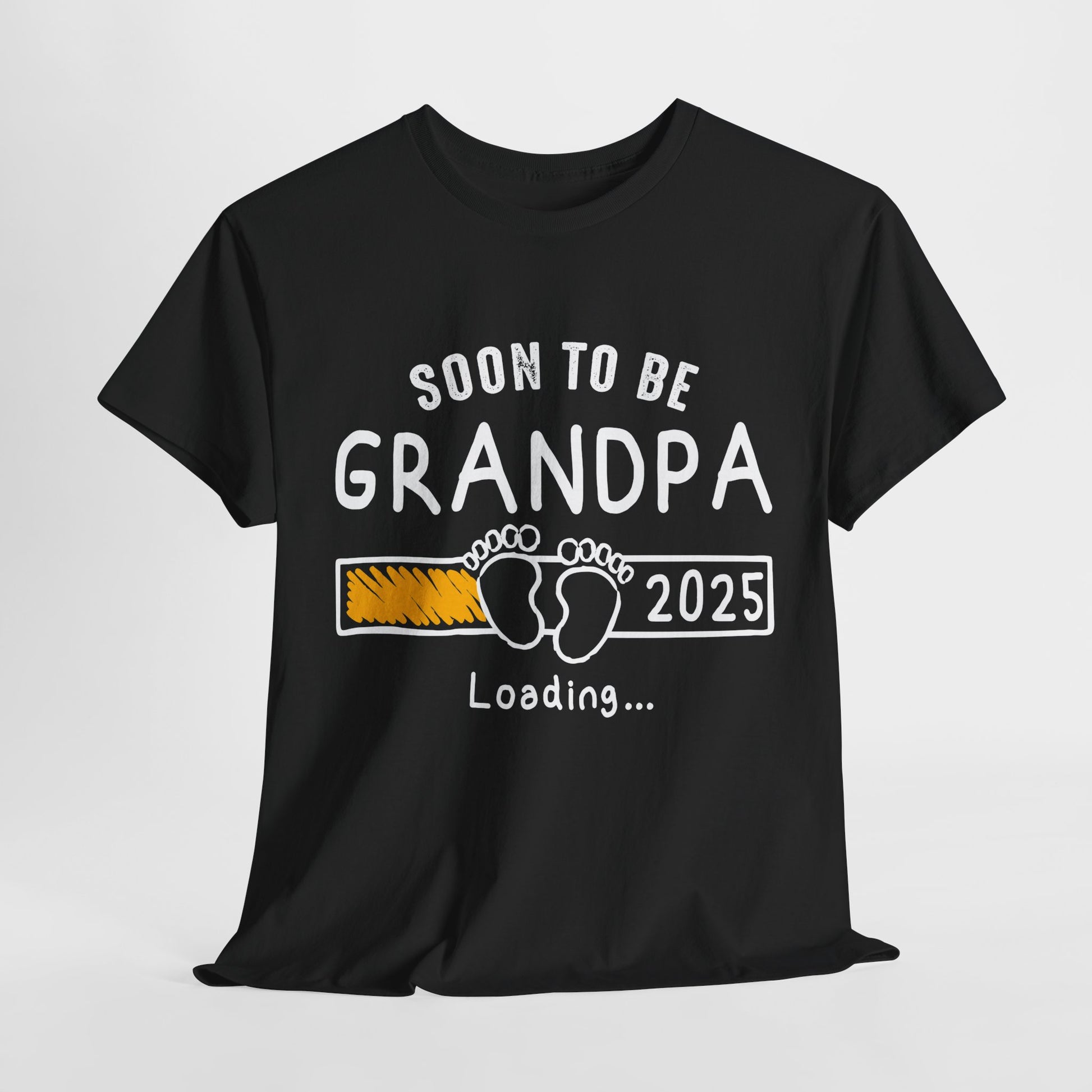 Black 'Soon to Be Grandpa 2025 Loading' T‑shirt, front view with progress bar graphic, perfect pregnancy announcement gift.