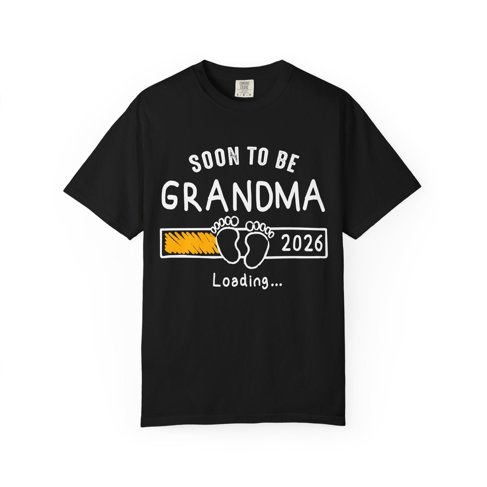 Black t-shirt with 'Soon to be Grandma 2026 Loading...' text and footprints on a white background